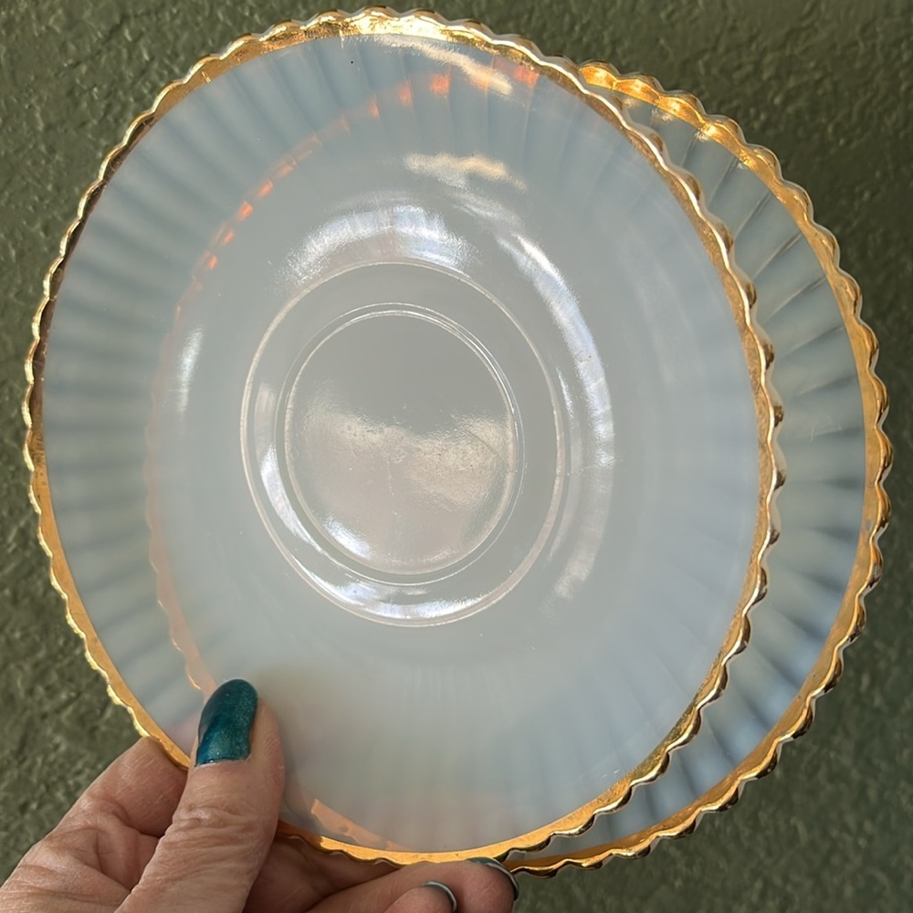 Pair Macbeth-Evans Monax Petalware Saucer Opalescent Milk Glass Gold Trim